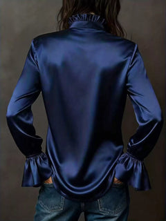 Navy satin button-up blouse back view with gathered flounce cuffs