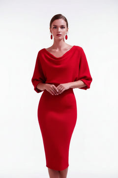 Red cowl-neck bodycon midi dress with draped neckline and elbow-length sleeves