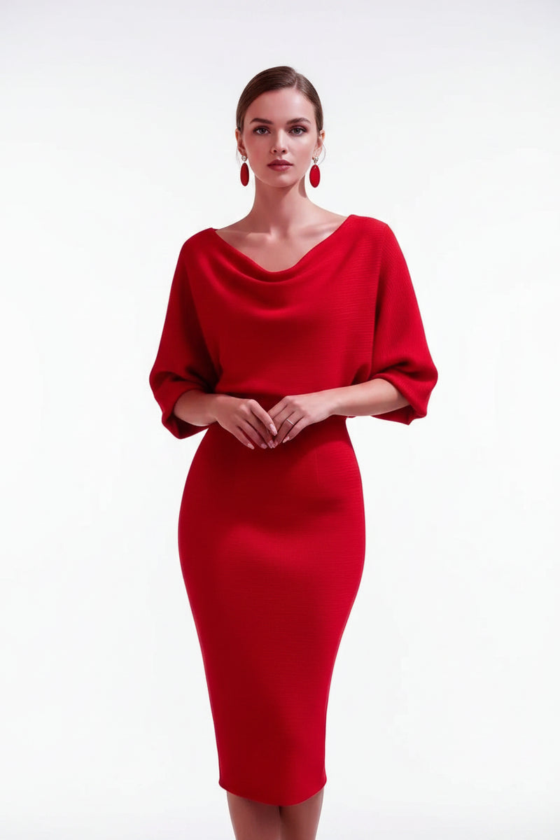 Red cowl-neck bodycon midi dress with draped neckline and elbow-length sleeves
