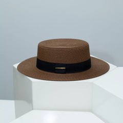 Boater straw hat with band, brown straw with black band