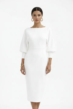 White bodycon midi dress with smooth fitted waist and short dolman sleeves