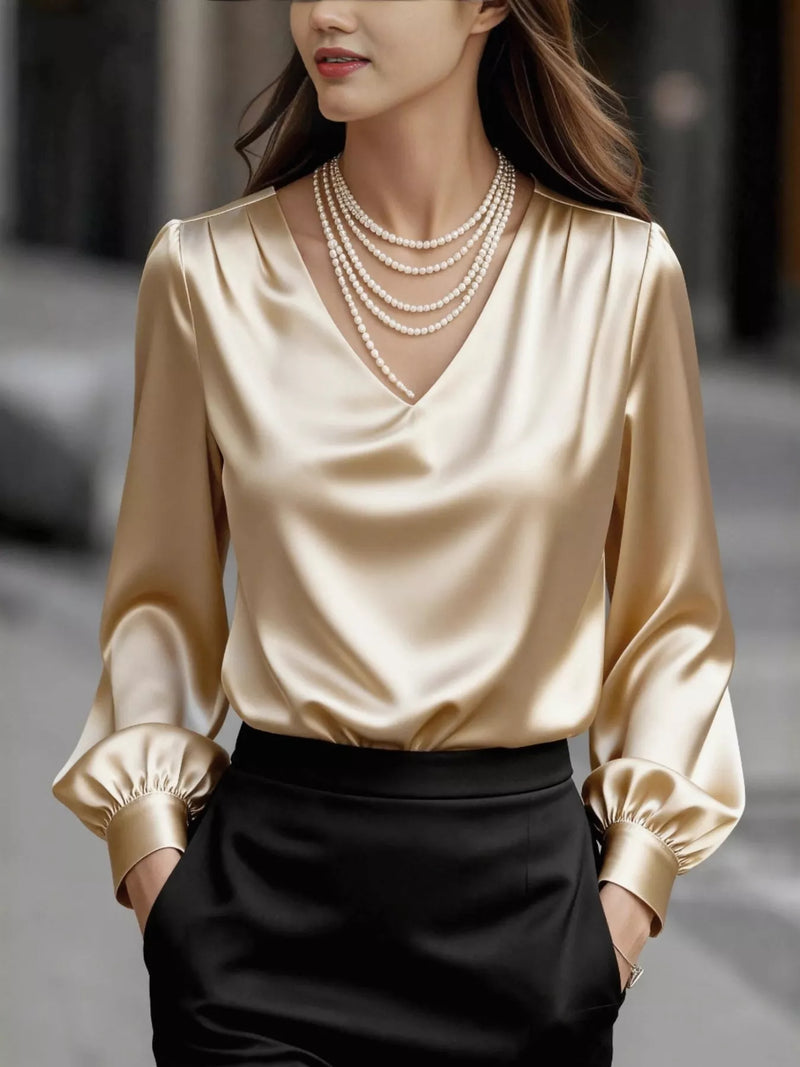 Apricot satin V-neck puff sleeve blouse with gathered cuffs