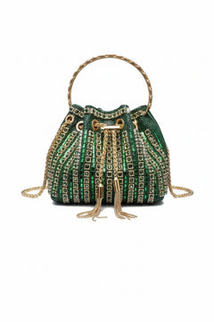 Green rhinestone bucket crossbody bag with top handle and tassel drawstring closure.