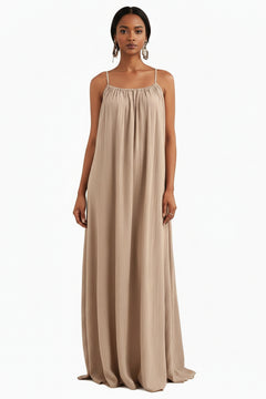 Khaki spaghetti-strap flowy maxi dress with gathered square neckline and pleated skirt