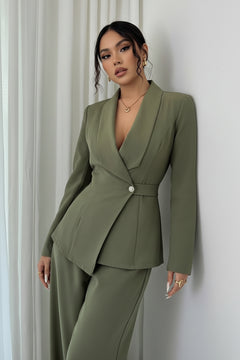 Olive green one-button blazer and pants set with notched lapel, peplum hem, wide-leg trousers.