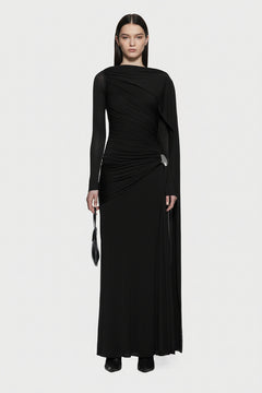 Black ruched draped long-sleeve maxi dress with diagonal gathered detail