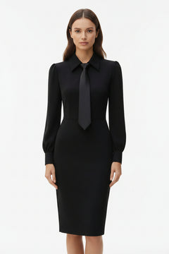 Black tie-neck long-sleeve sheath dress with neck tie and gathered puff sleeves
