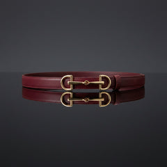 Leather double-bar belt in burgundy with gold-tone double buckle and keeper