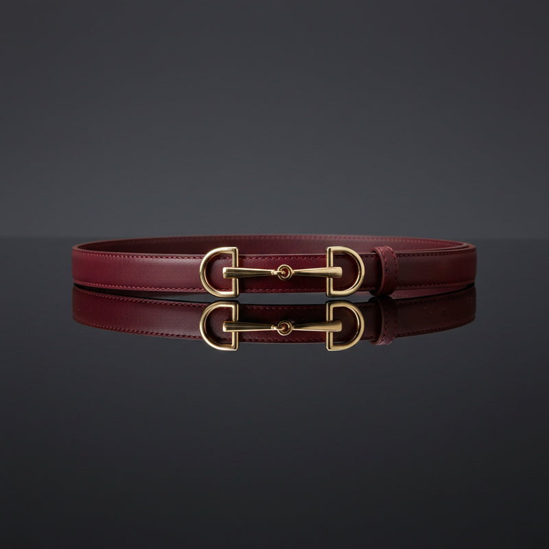 Leather double-bar belt in burgundy with gold-tone double buckle and keeper