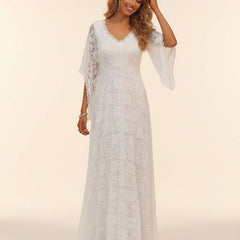 White lace V-neck floor-length dress with sheer lace sleeves