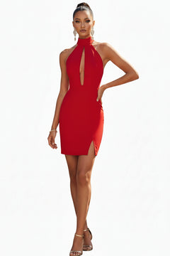 Deep red halter neck cutout mini dress with keyhole slit front