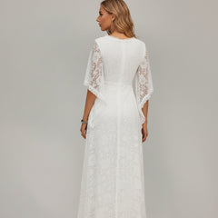 White lace floor-length dress with V-neck back and lace three-quarter sleeves