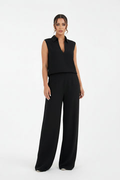 Black sleeveless V-neck top with collar and wide-leg pants set, front view