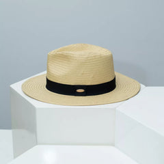 Beige straw wide brim hat with black ribbon band and oval buckle