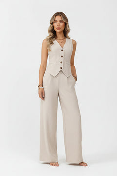 Dusty beige V-neck button vest and wide-leg pants set, sleeveless with matching pants