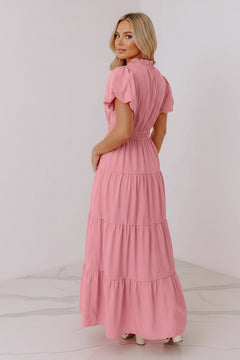 Dusty pink tiered maxi dress with puff sleeves and gathered waist, V-neck
