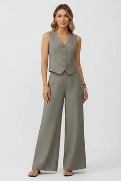 Sage green V-neck button vest paired with flowing wide-leg pants