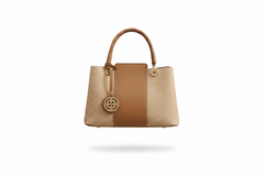 Two-tone khaki and tan leather tote handbag with top handles, front panel detail, stud feet