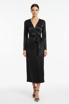 Black satin tie-waist long-sleeve dress, V-neck wrap bodice and midi skirt