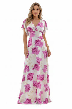 Floral print maxi dress with V-neck and ruffle sleeves, cream with fuchsia roses