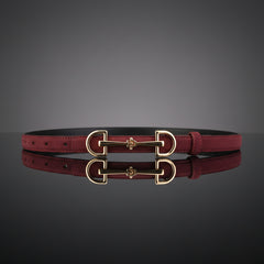 Leather double-bar belt in burgundy with gold-tone buckle and row of holes