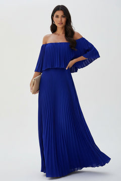 Sapphire blue off-shoulder pleated maxi dress with wide sleeve ruffle