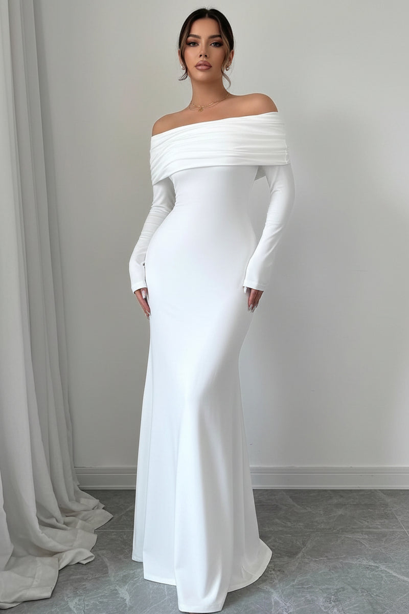 White off-shoulder ruched bodycon maxi dress with long sleeves