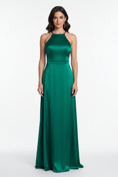 Dark green halter neck maxi dress with fitted waist and flowing skirt