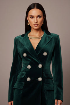 Dark green velvet blazer dress with notched lapels and double-breasted gold buttons