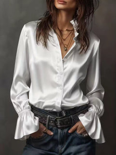 Light satin button-up blouse with button front and flounce sleeve cuffs