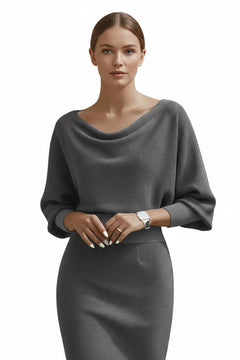 Gray cowl-neck bodycon midi dress with draped cowl neckline, three-quarter dolman sleeves