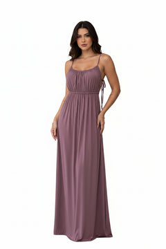 Purple maxi dress with spaghetti straps, ruched bodice, gathered waist, side tie detail