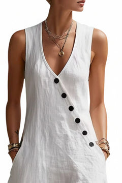 White sleeveless button-front midi dress with V-neck and five black buttons
