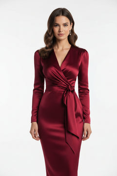 Burgundy satin V-neck long-sleeve dress with knotted waist tie, draped panels
