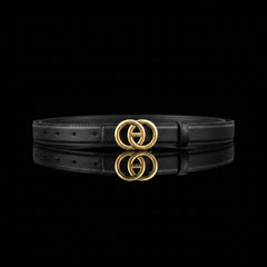 Leather belt with double circle buckle, black leather strap with round gold-toned buckle