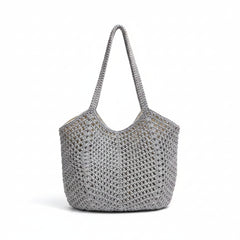 Woven straw hobo bag in grey, open tote shape with woven handles and textured basket weave