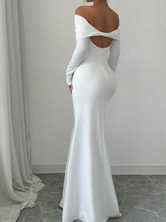 White off-shoulder ruched bodycon maxi dress with open back cutout
