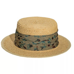 Straw boater hat with printed band, beige hat with green and teal leaf pattern
