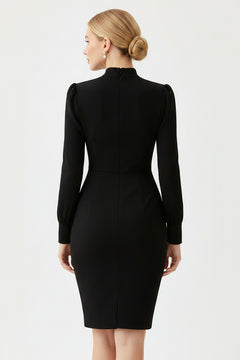 High-neck long-sleeve slit dress, black, back view with center seam and hem slit