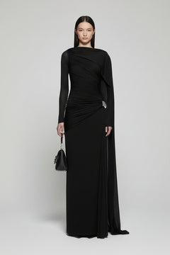 Black ruched draped long-sleeve maxi dress with diagonal ruched bodice detail