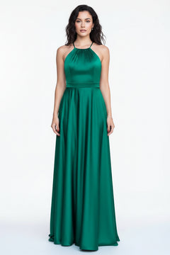 Green halter neck maxi dress with tassel-like neckline ruching and full skirt