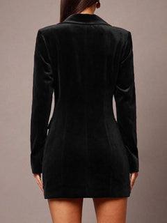 Back view of black velvet double-breasted blazer dress with seam detailing