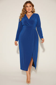 Royal blue plus size surplice neck midi dress, long sleeves, front side slit