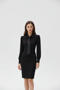 Black tie-neck long-sleeve sheath dress with neck tie and structured collared neckline