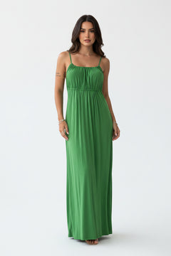 Spaghetti-strap maxi dress, ruched bust and gathered waist, green