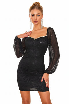 Black sequin mini dress with pearl-trimmed sweetheart neckline and long sheer sleeves