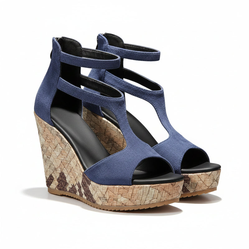 Cutout wedge platform sandals in dark blue, peep-toe high heel with cork-look sole