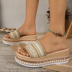 Khaki open-toe platform slide sandal with braided straps and studded platform edge