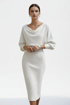 White cowl-neck bodycon midi dress with draped neckline and wide elbow-length sleeves