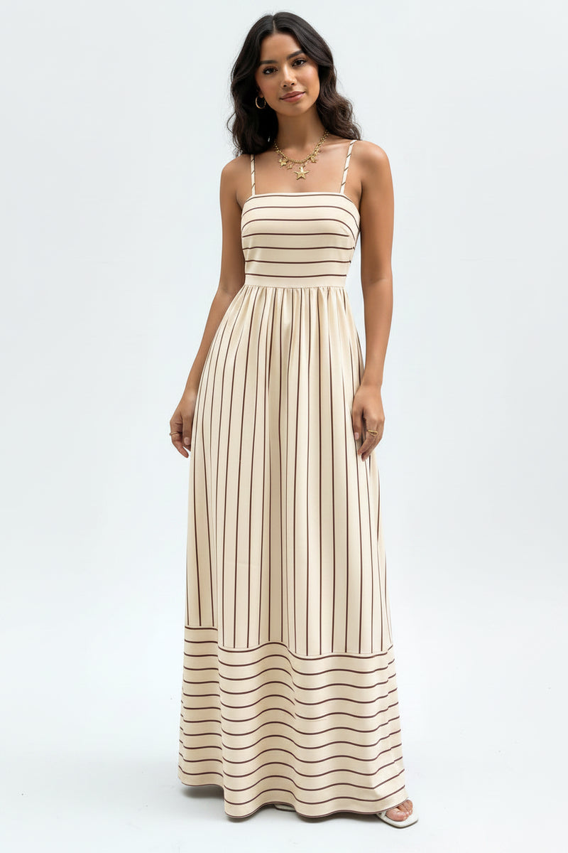 Apricot maxi dress with spaghetti straps, vertical stripe print and gathered waist